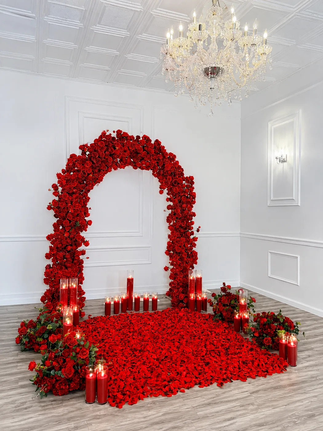 Full red rose arch and petal floor proposal decor design