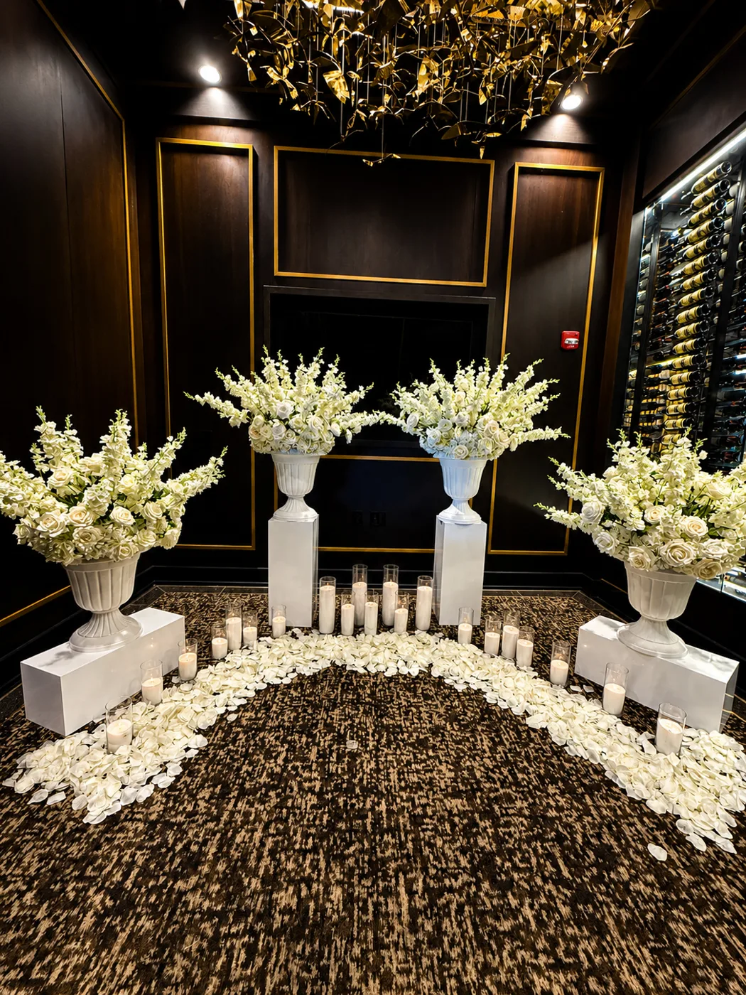 Terracotta floral urns with neon sign proposal decor